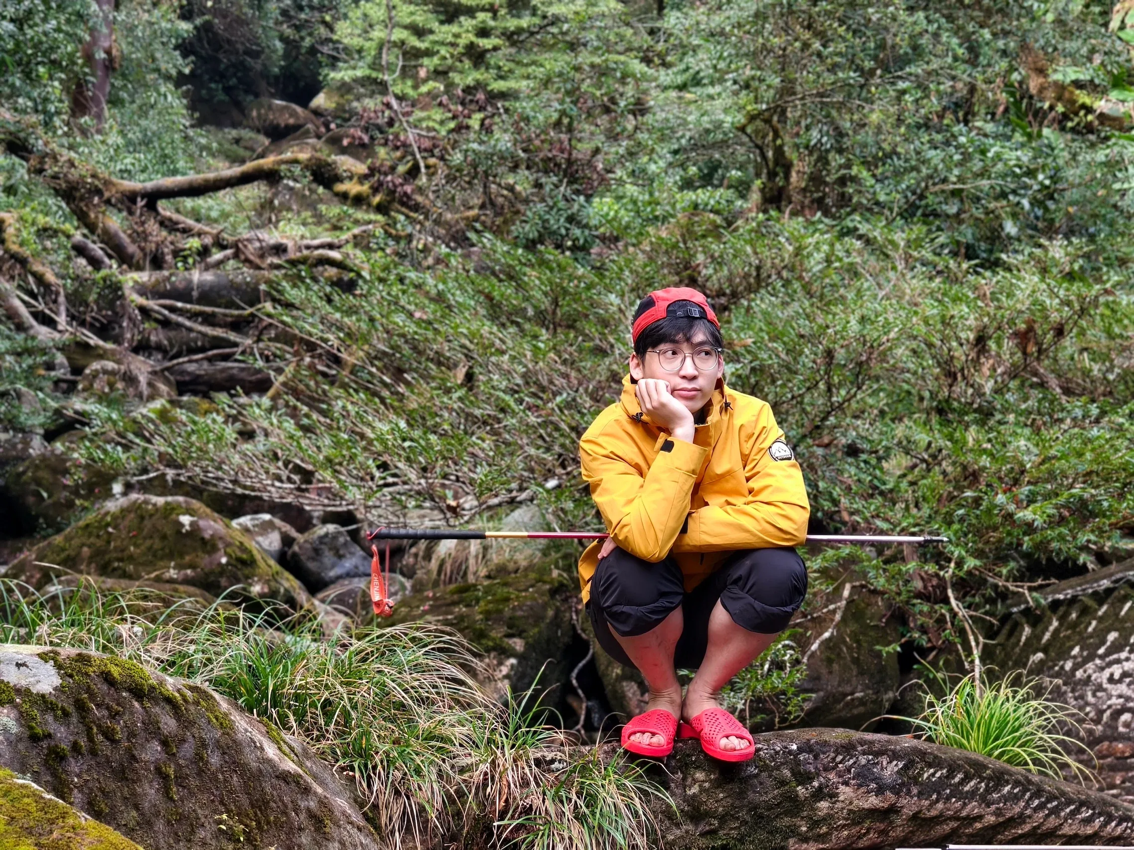 Nữ du khách áo vàng ngồi cầm gậy trekking giữa rừng rêu