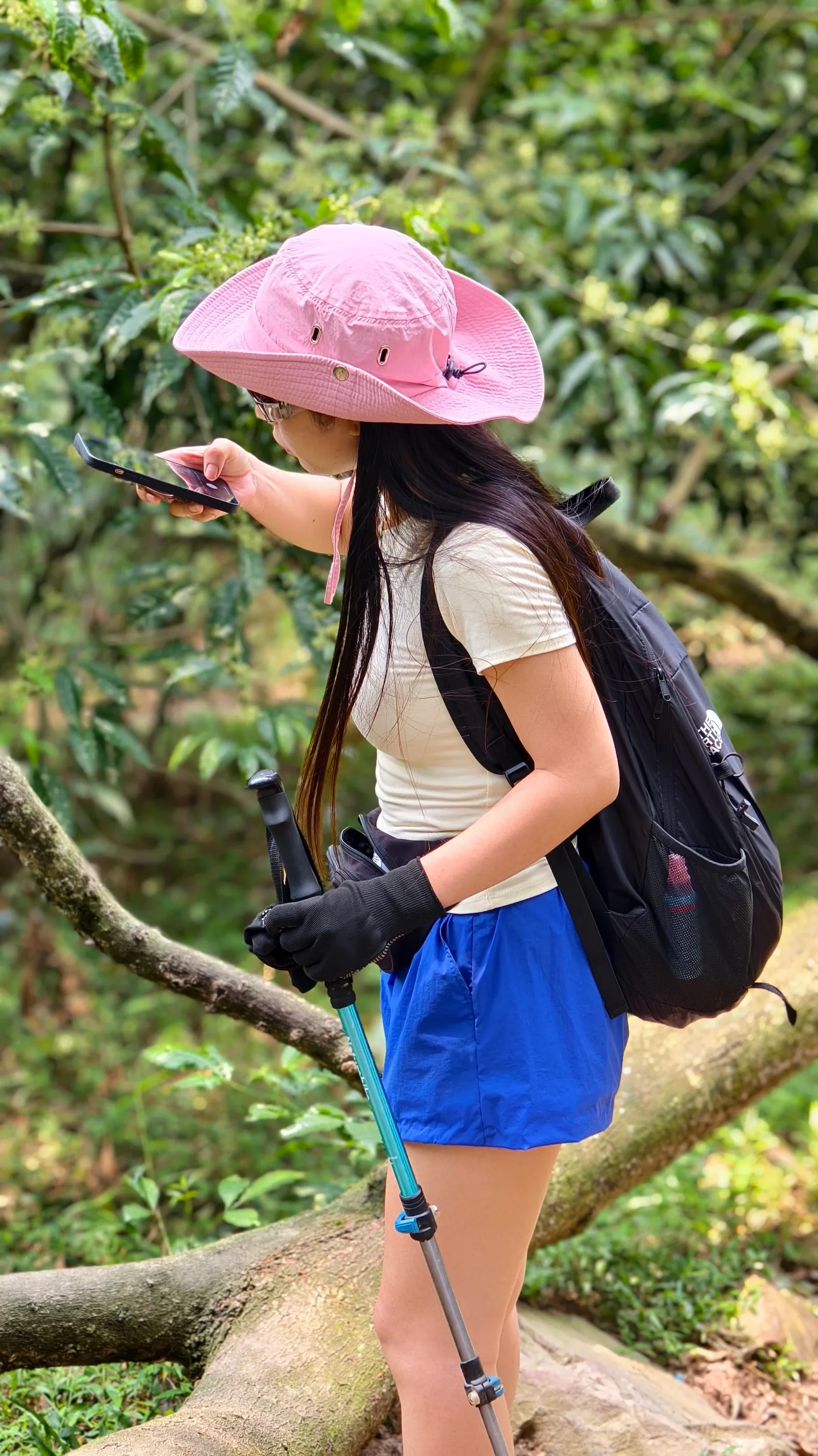 Nữ du khách đội mũ hồng bước qua cành cây giữa rừng