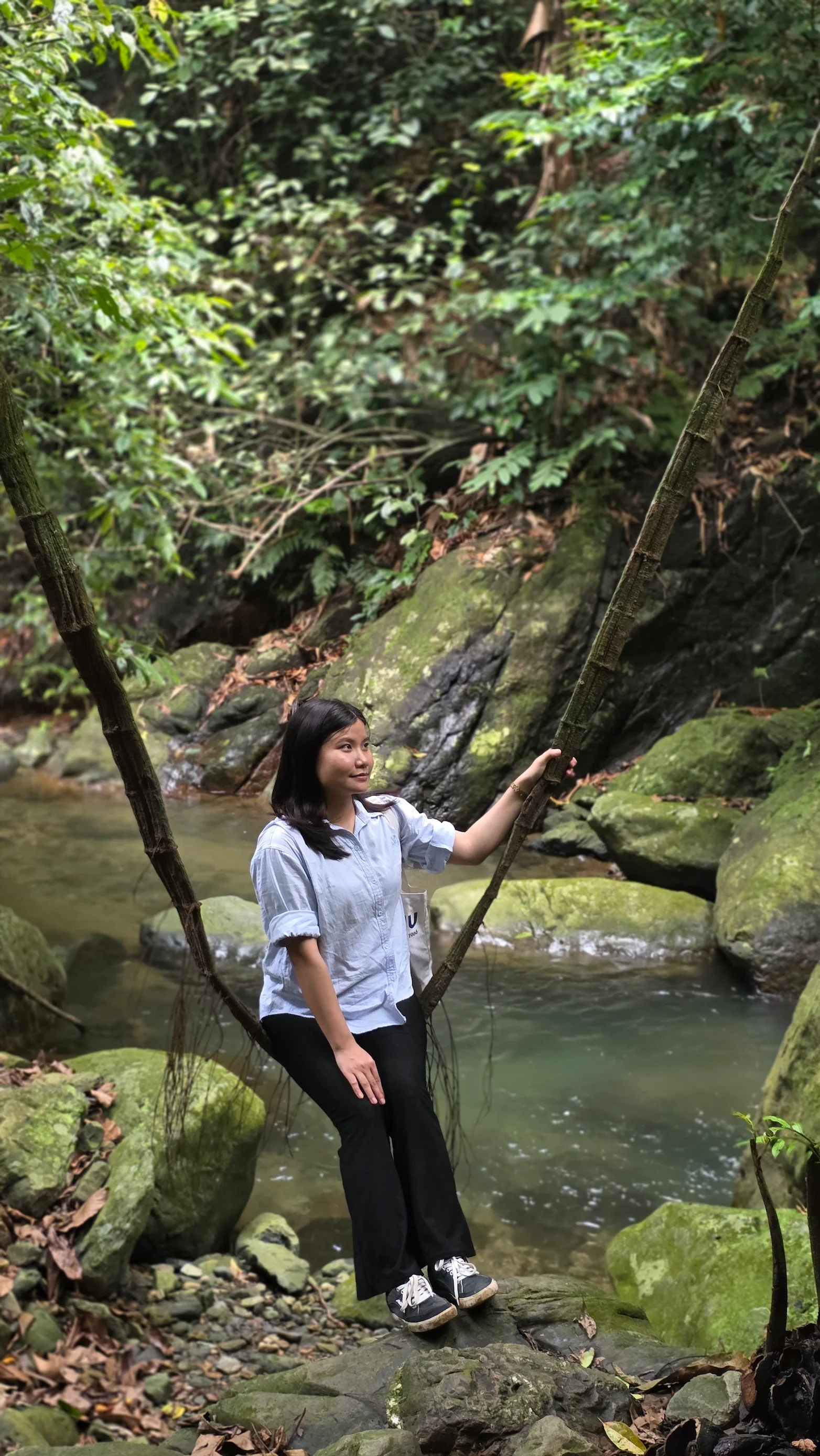 Thành viên trekking đứng bên dòng suối đá trong rừng Ba Vì