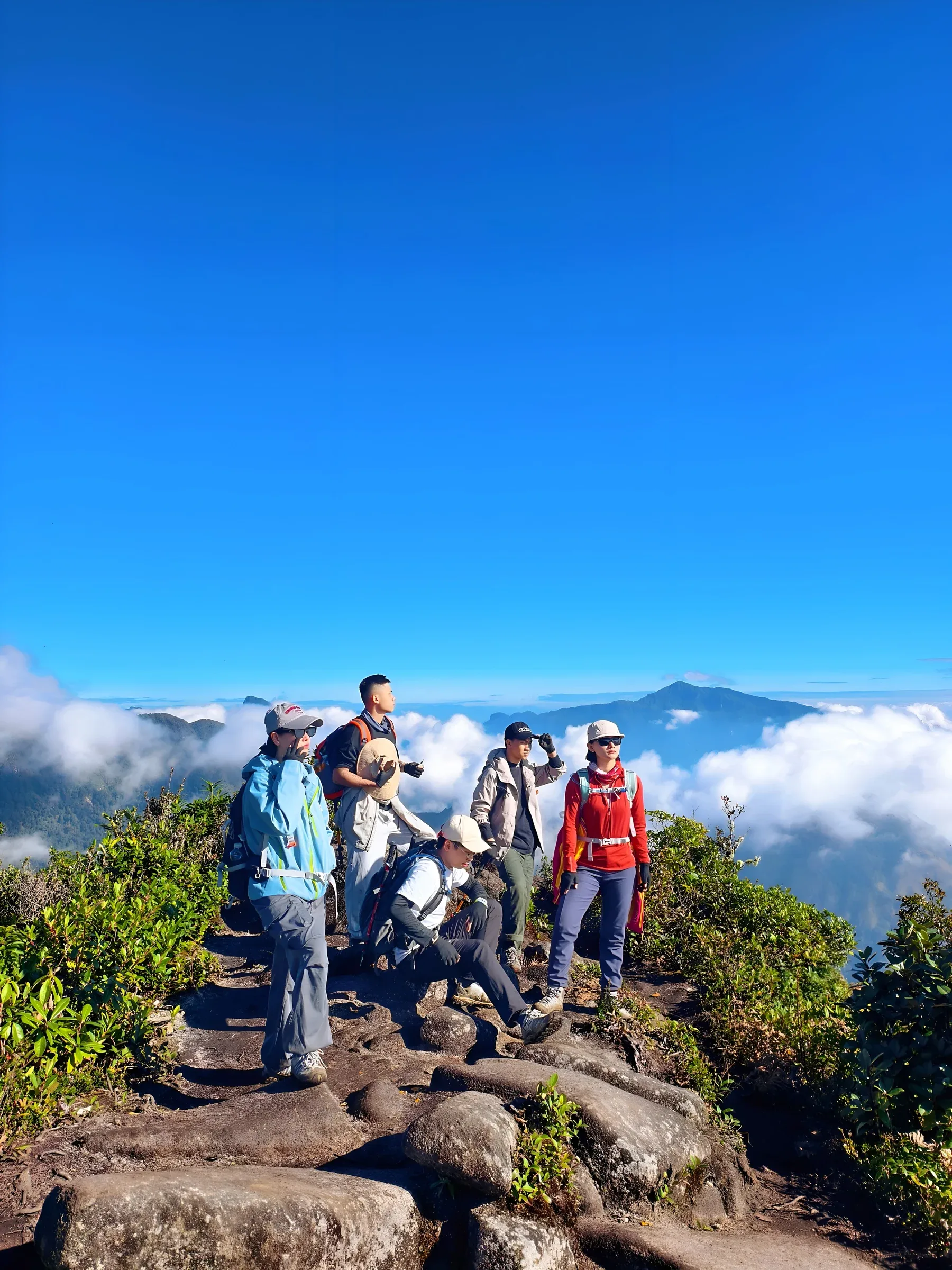 Nhóm trekking chụp ảnh trên mỏm đá cao