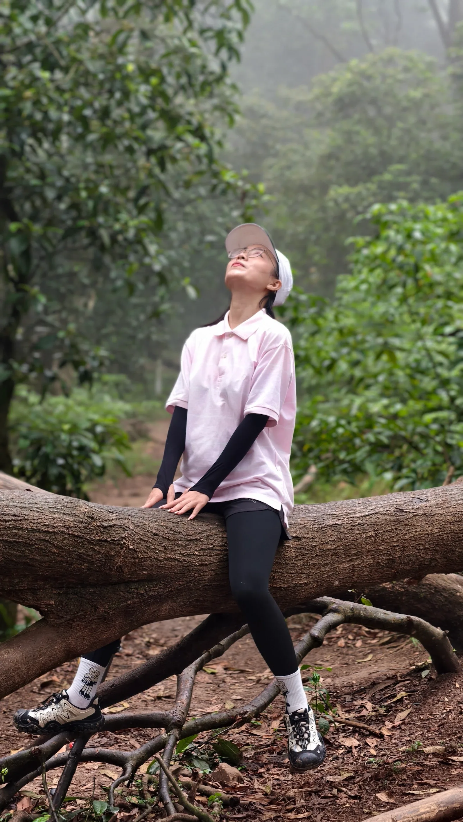 Nữ du khách áo hồng ngồi nghỉ trên thân cây đổ trong rừng