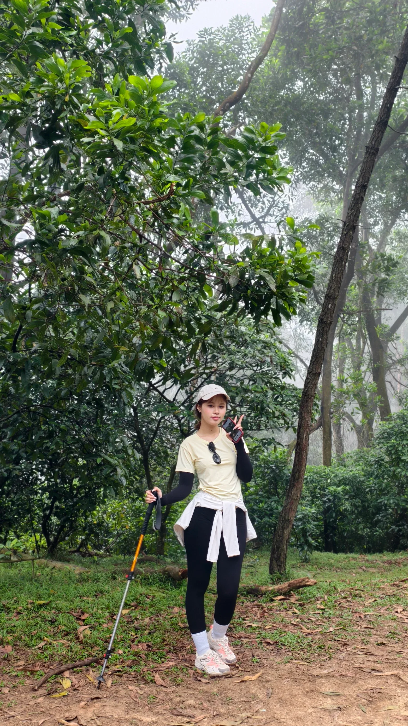Nữ du khách mặc đồ trắng cầm gậy trekking trên lối mòn Hàm Lợn
