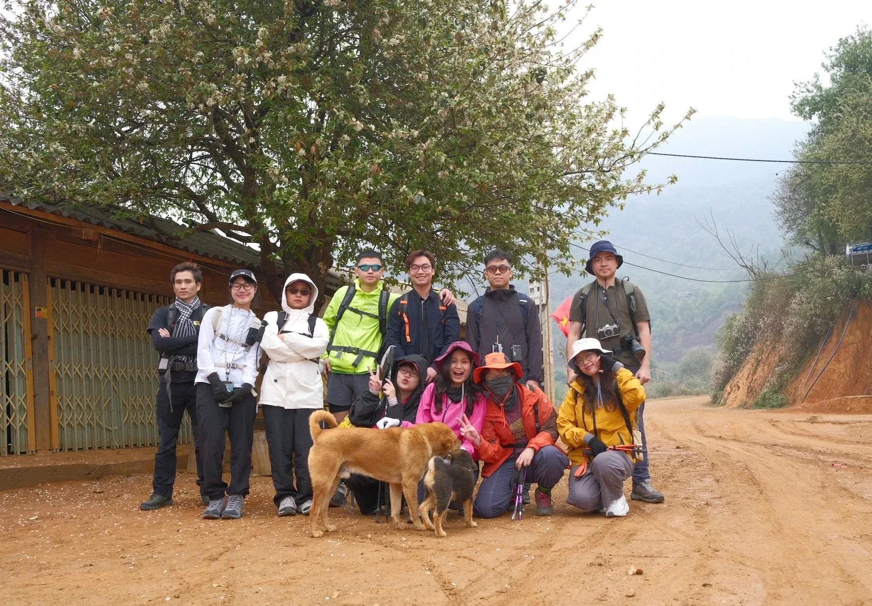 Đoàn trekking chụp ảnh cùng hai chú chó trước ngôi nhà gỗ